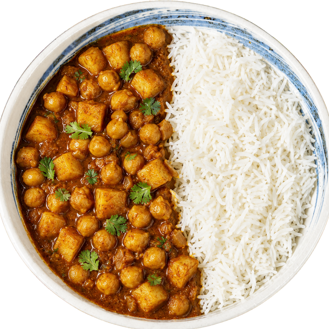 Chana Masala Curry with rice prepared meal from Channi's Kitchen
