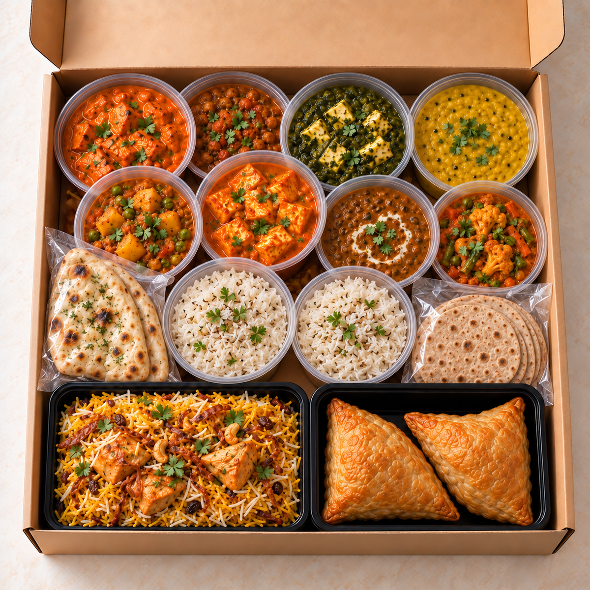 Channi's Kitchen Indian meal box with chicken tikka masala, saag paneer and daal