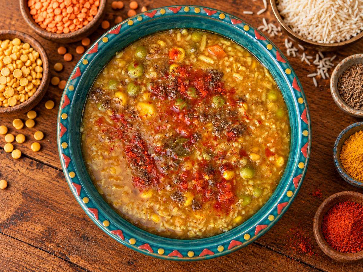 Kitchari rice and lentil porridge made with turmeric by Channi's Kitchen