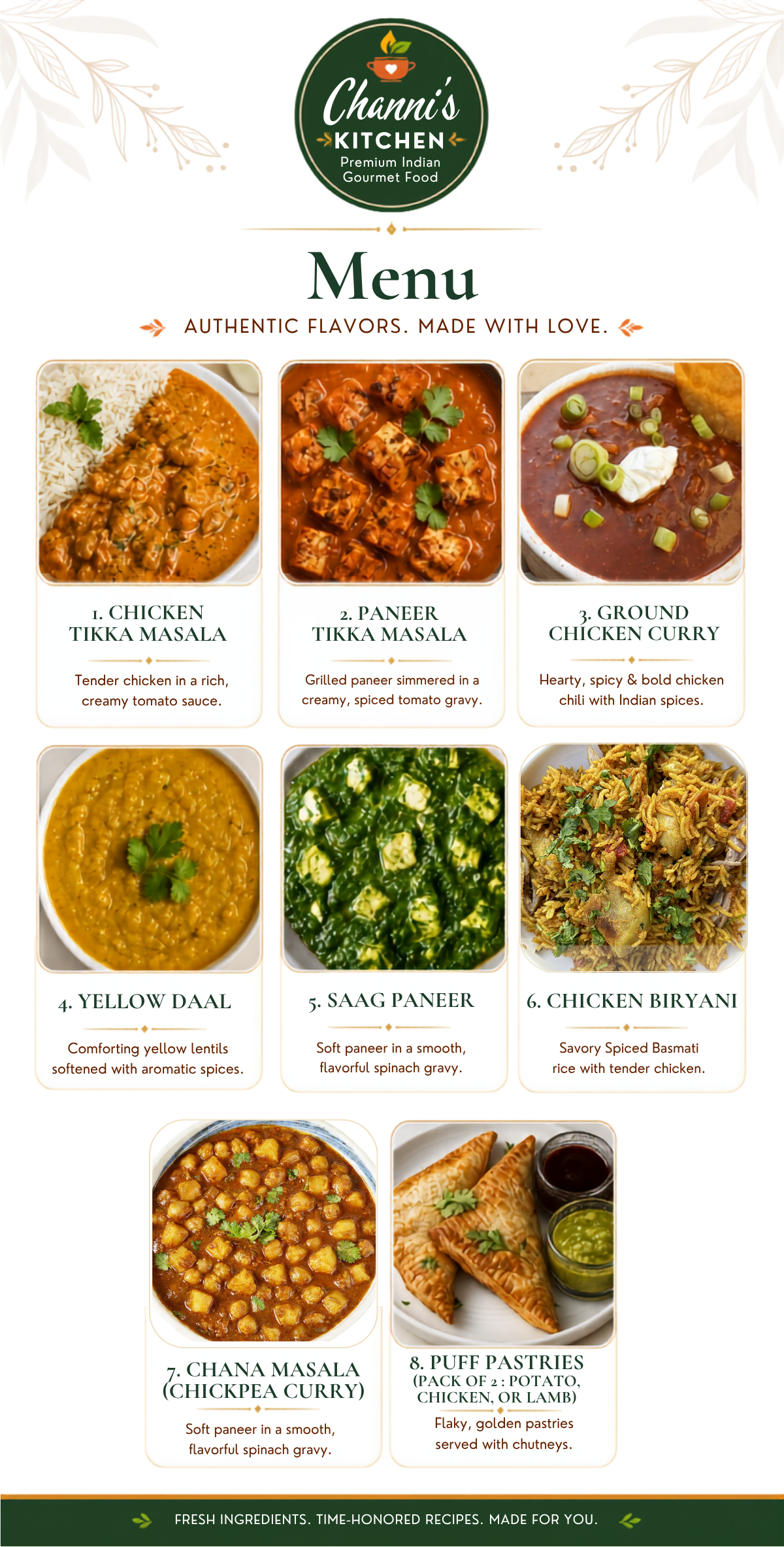 Channis Kitchen Weekly Meal menu