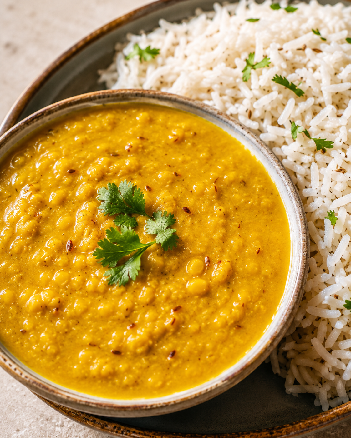 Yellow Golden dal with rice prepared meal from Channi's Kitchen